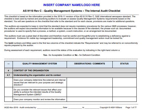 AS9110 Rev C Internal Auditor Tools: Checklist, Procedure and Forms