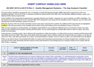 ISO 9001 to AS9110C Gap Checklist